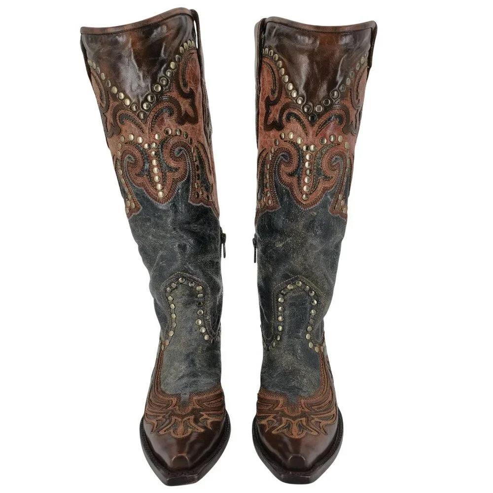 Corral Cowgirl Women's 6M Tall Brown Gray Studded Leather Cowboy Western Boots - Picture 2 of 14